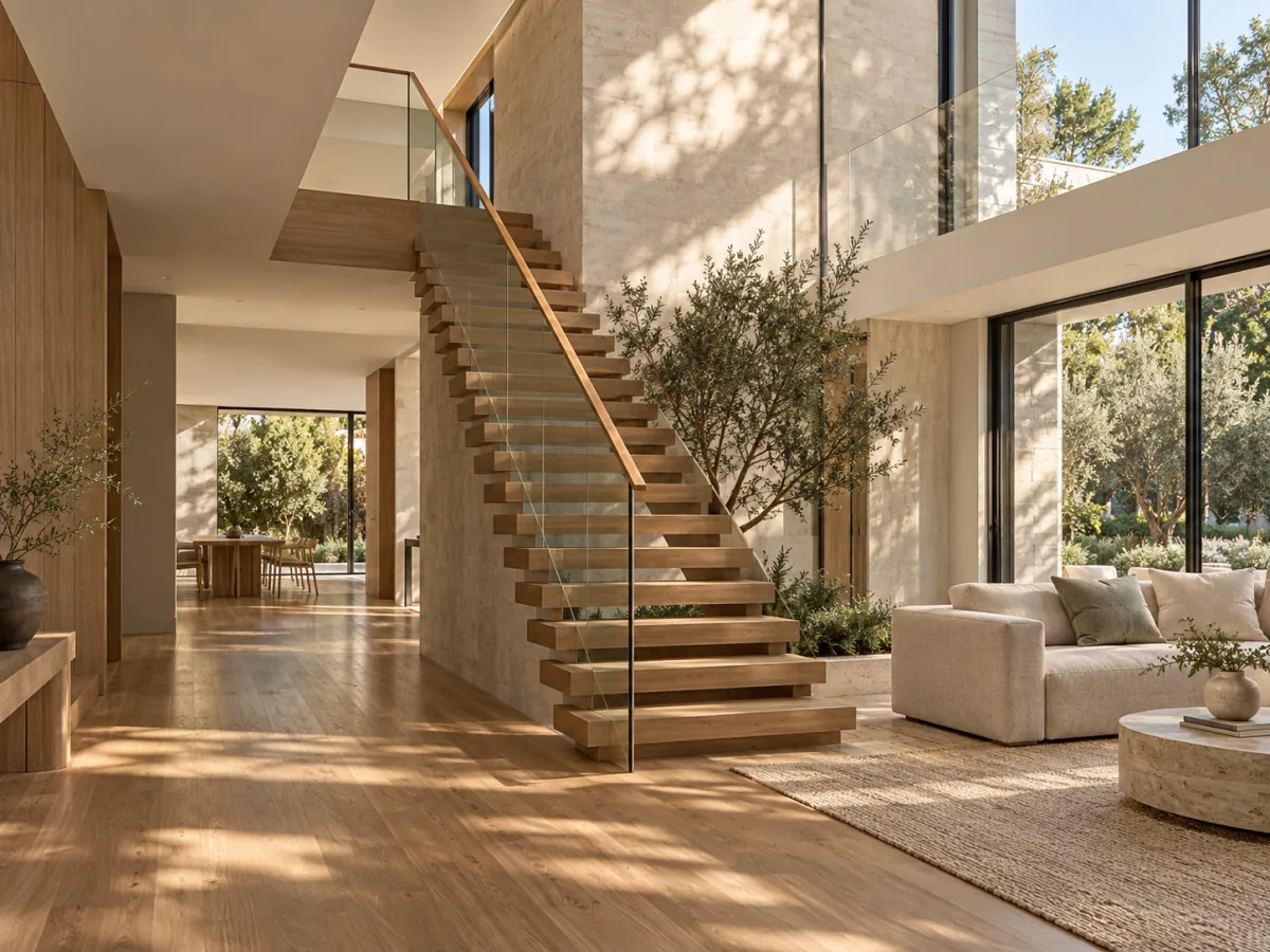 Light-filled residential living area with a timber staircase