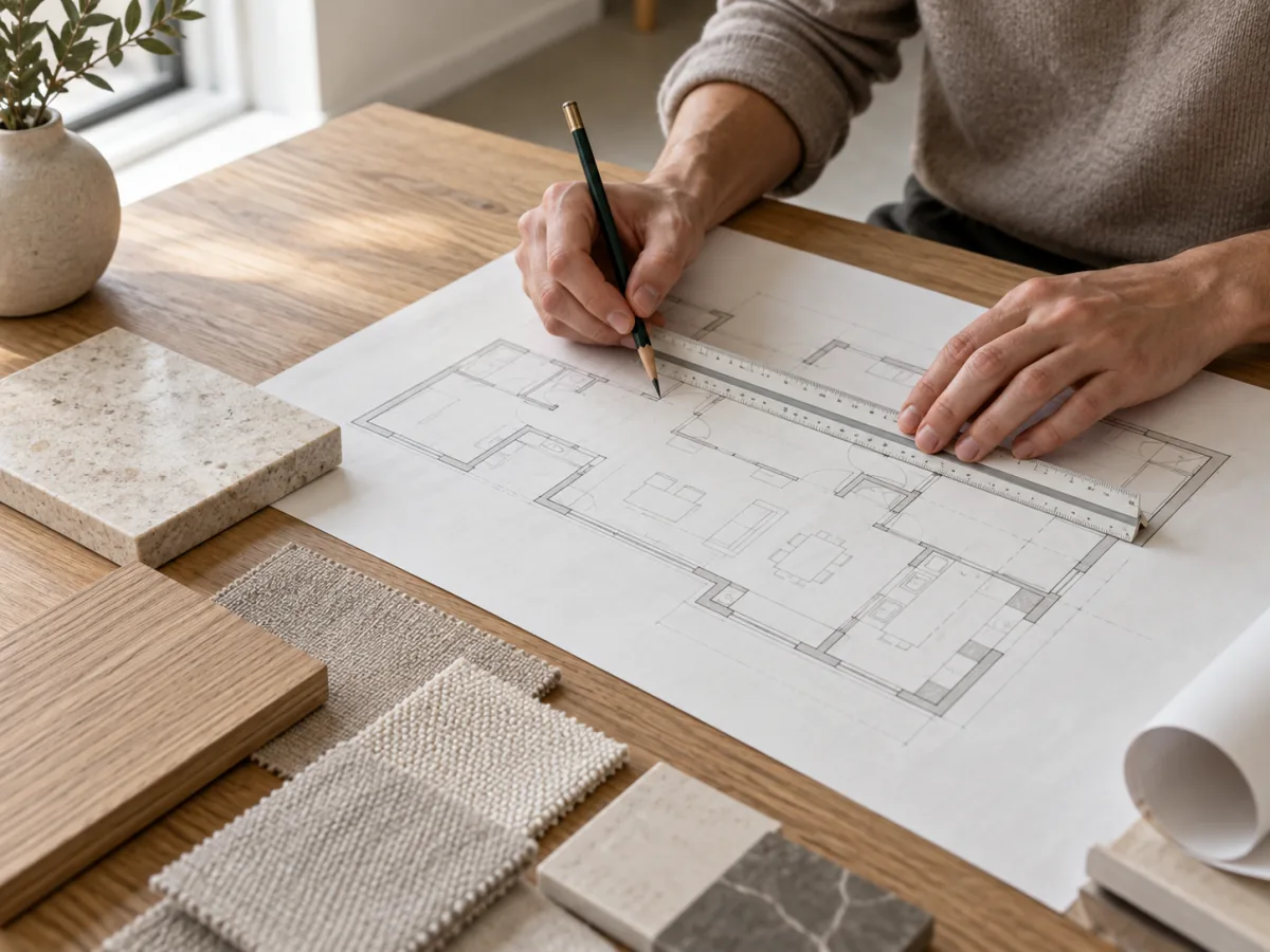 Hands reviewing residential architectural plans with a ruler and pencil