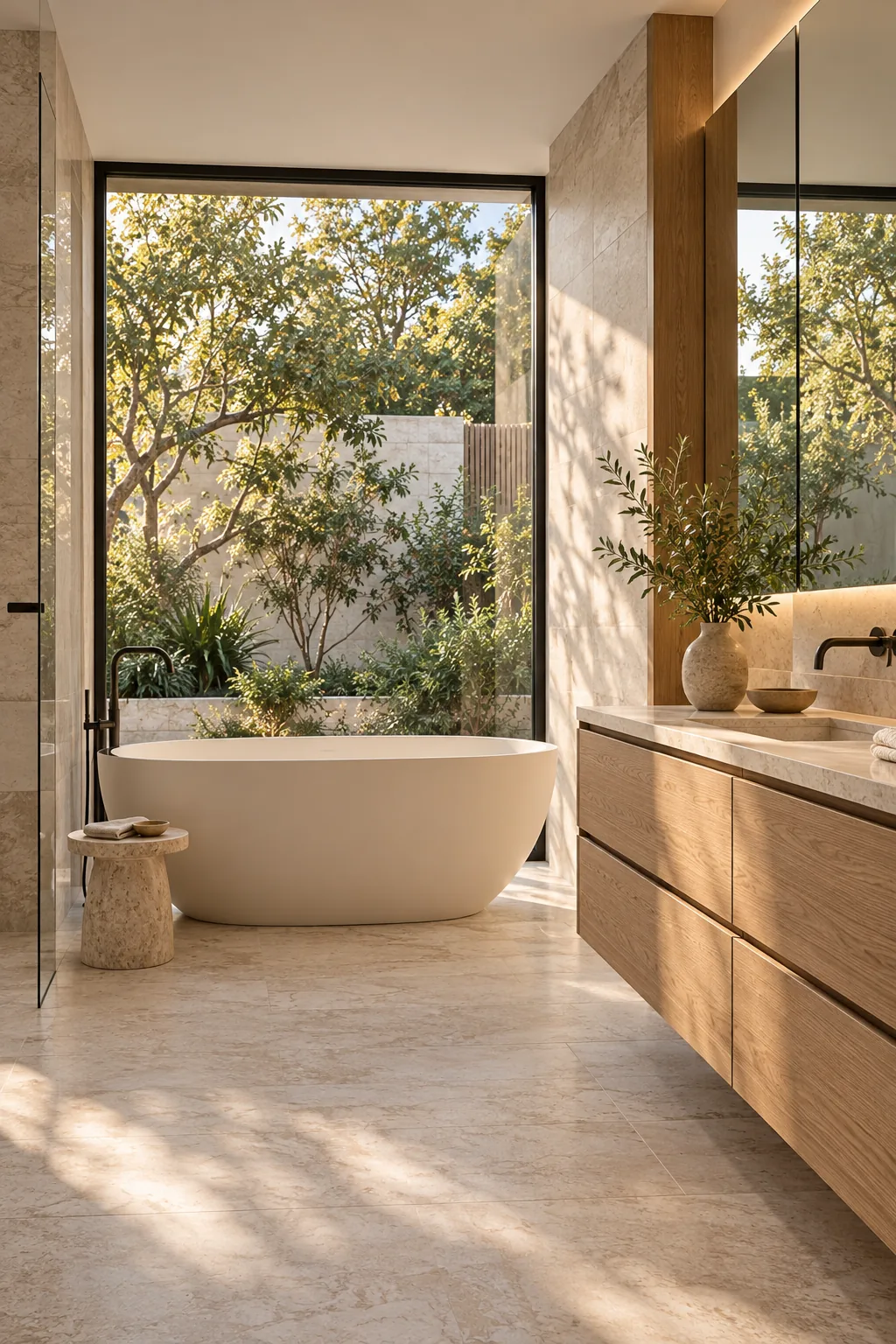 Serene residential bathroom with a freestanding bath and garden light