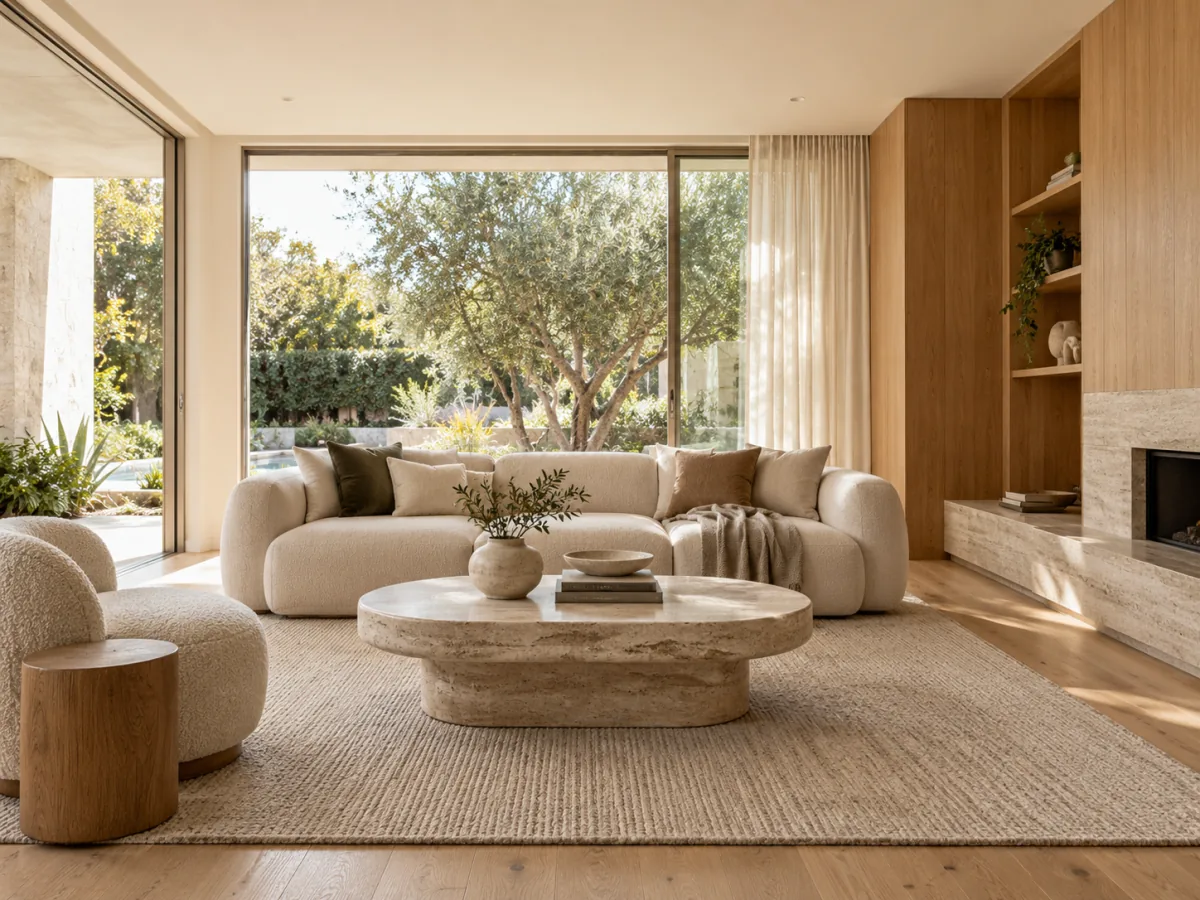 Elegant residential living room with natural light and warm timber